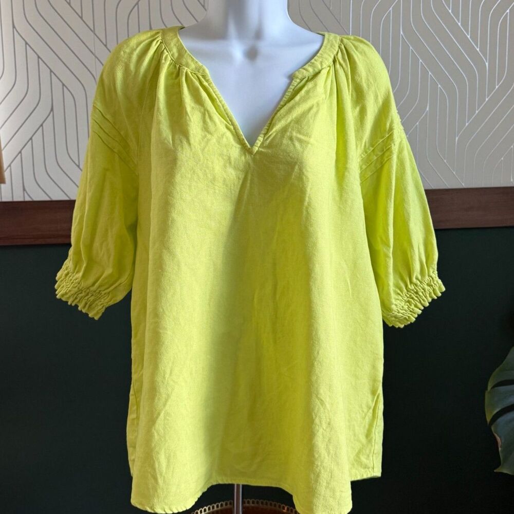 Nine West Linen Blend Bright Yellow Green Top Med